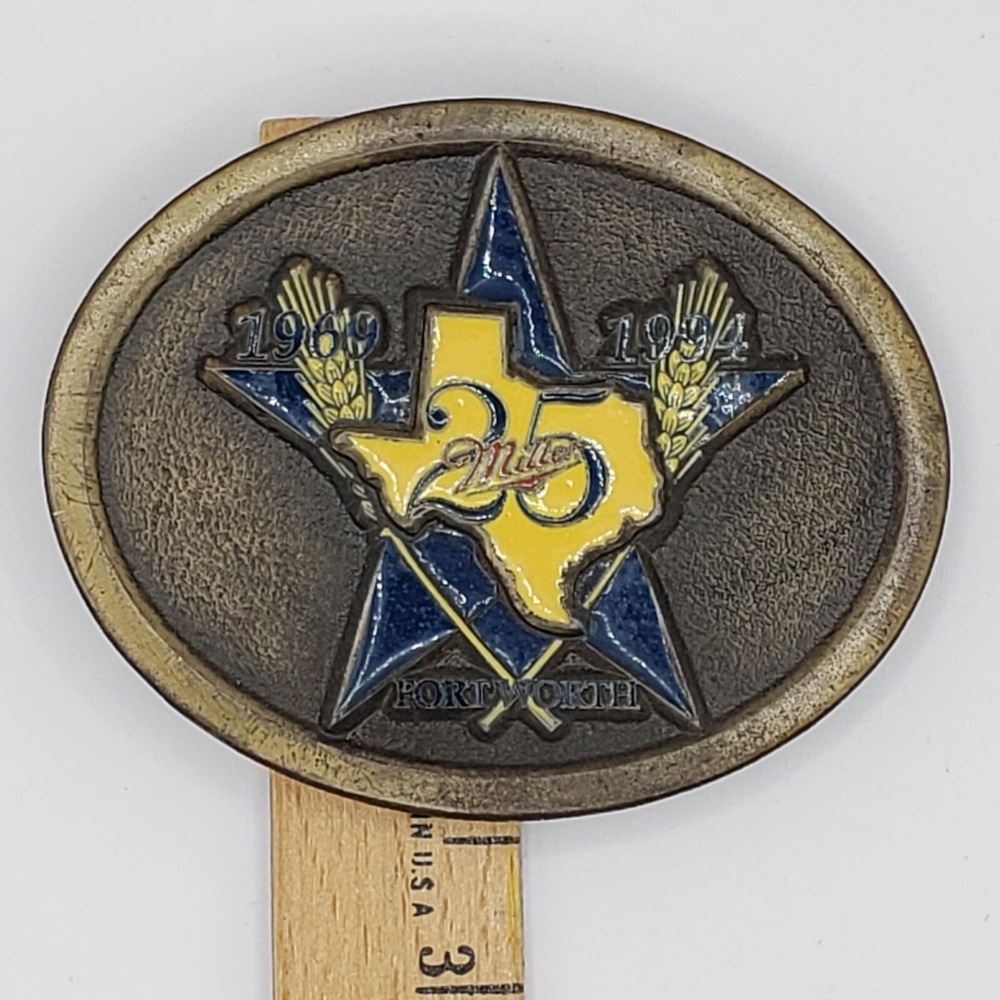 Miller Beer 25th Anniversary Ft Worth Texas Blue Yellow Brass Oval Belt Buckle - Picture 5 of 6